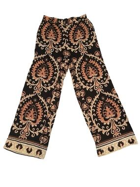 Sanctuary from Evereve Black Wide-Leg Pants with Peach & Cream Damask Print